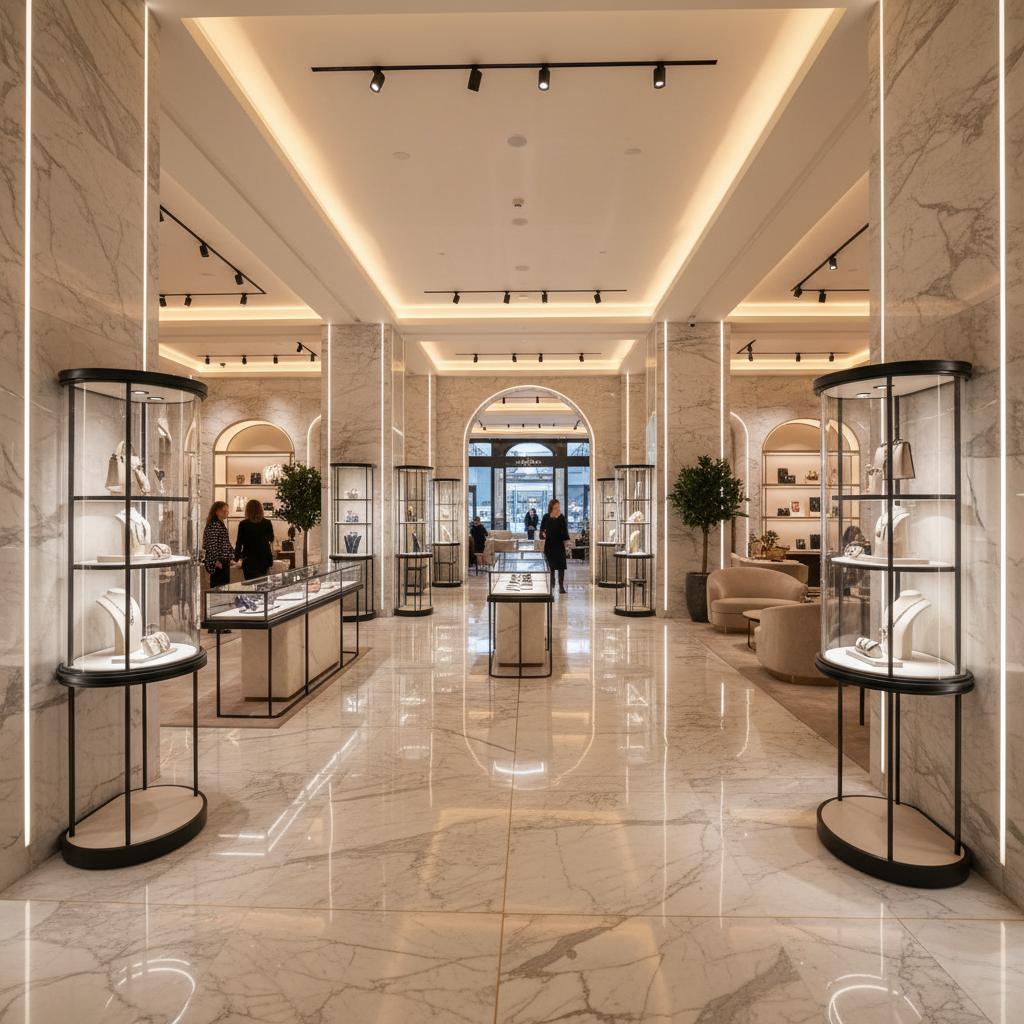 Premium retail environment with marble floors and architectural lighting