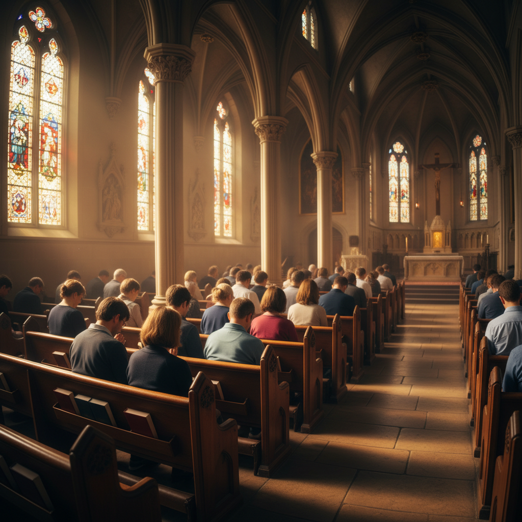 Congregation gathered in worship, warm morning light filling the sanctuary, pews lined with faithful members bowing in prayer