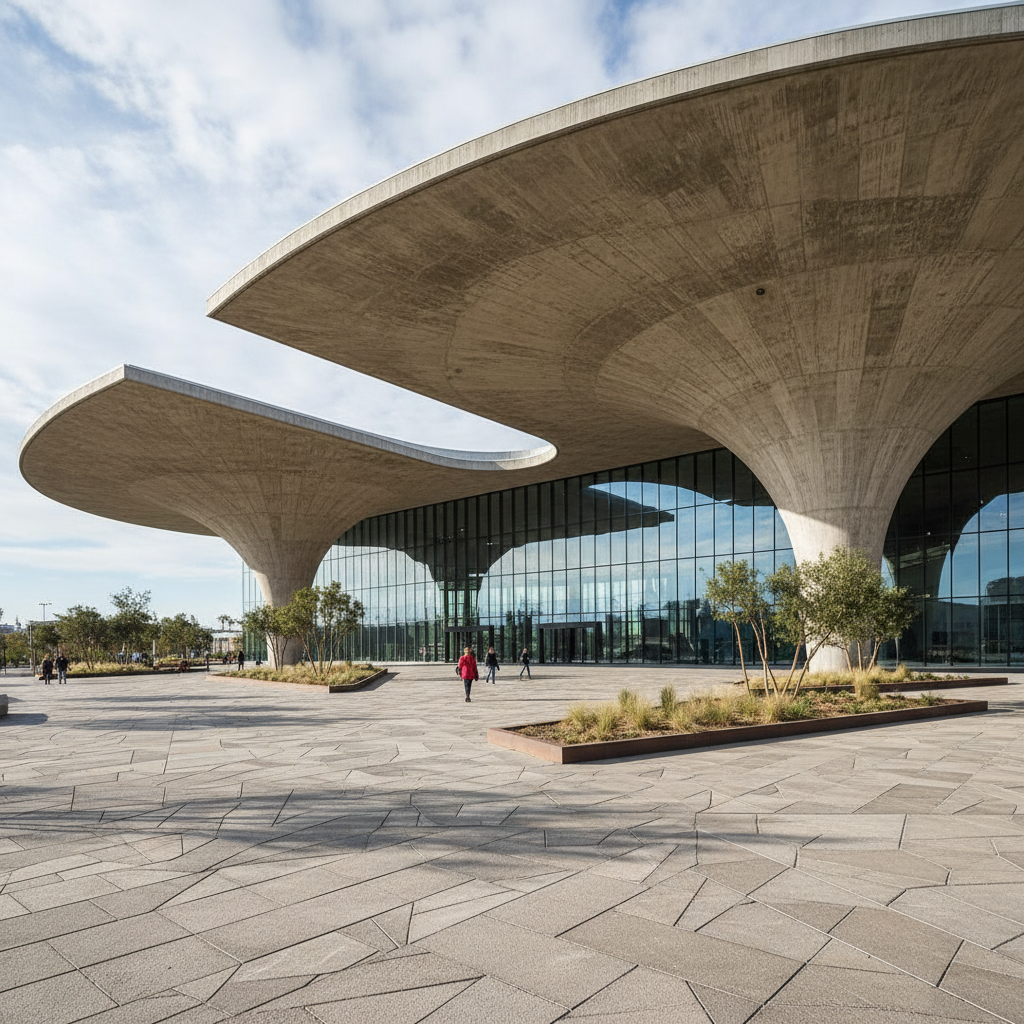 Civic cultural center with dramatic folded plate roof and transparent glass facade at dusk