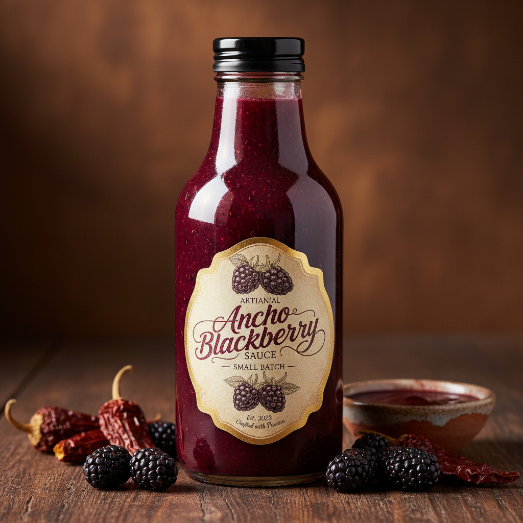 Deep purple-red ancho blackberry sauce bottle with artisan label on dark wood surface