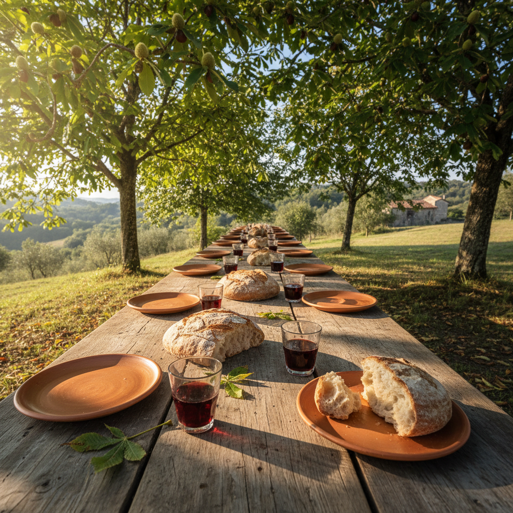 Rustic outdoor dining table in Tuscany countryside at golden hour, wine glasses catching warm evening light
