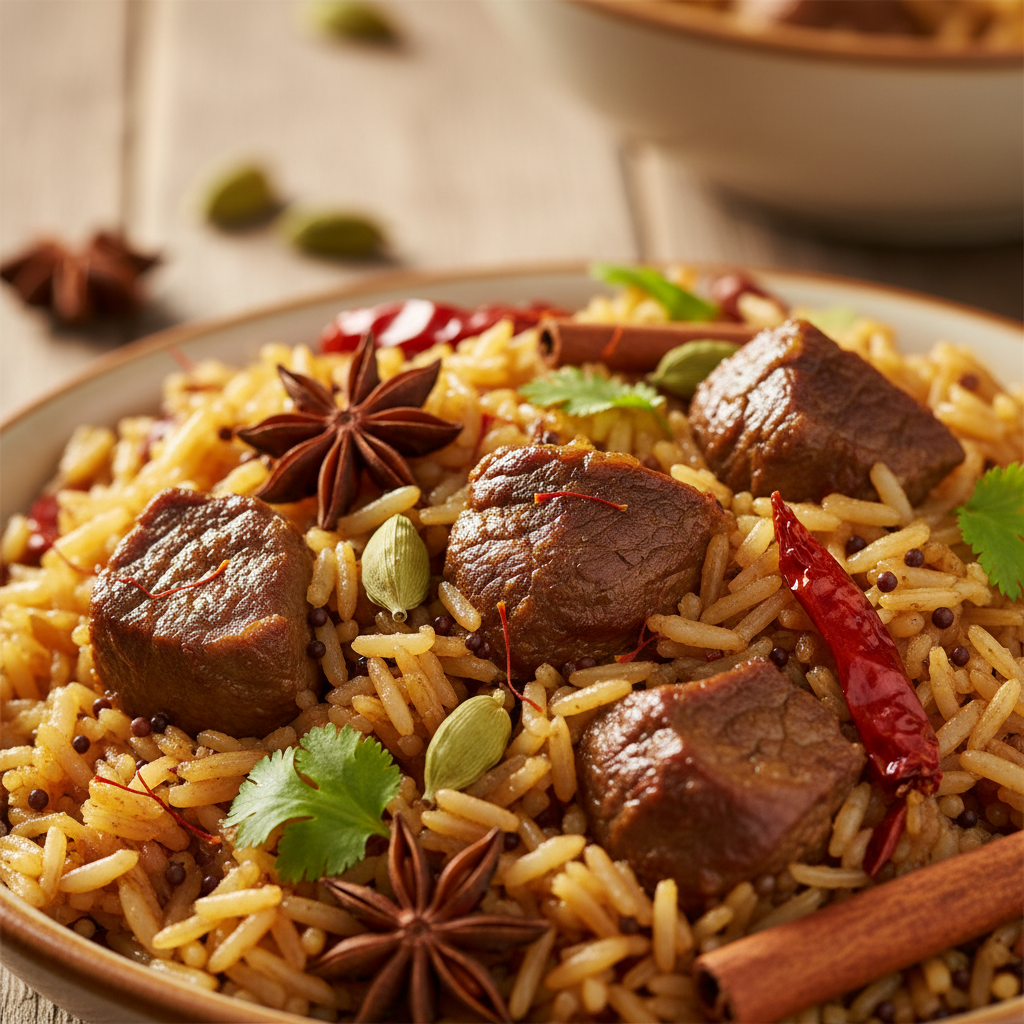 Fragrant spiced pilau rice served in a large bowl with beef pieces