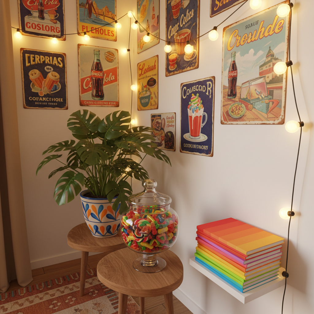 Colorful apartment corner with retro tin signs, string lights, plant in ceramic pot, candy jar, and colorful notebooks
