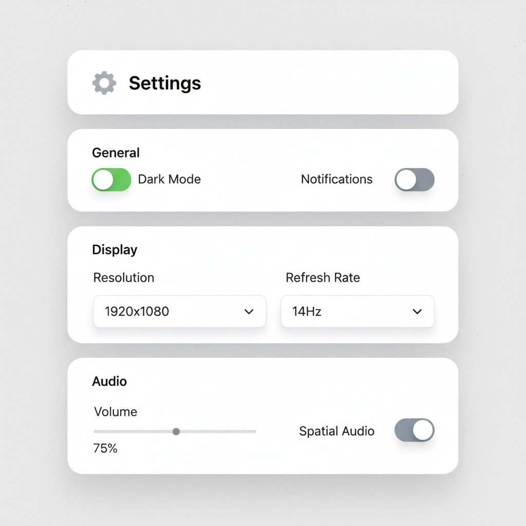 Settings page UI design with toggle switches and form sections on gray background