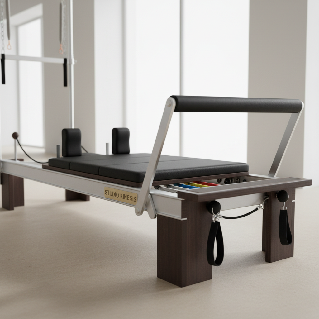 Professional Pilates reformer machine in a bright minimalist studio