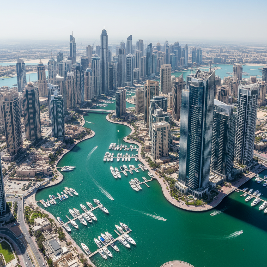 Dubai Marina waterway with luxury yachts and high-rise residential towers at dusk