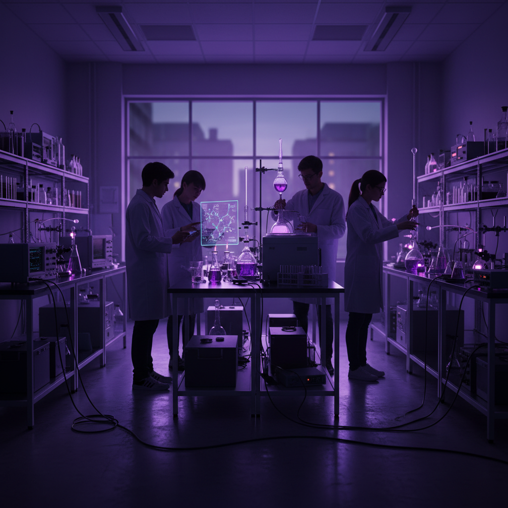 Chemistry student in lab coat working at laboratory bench, professional setting, green-tinted atmospheric lighting