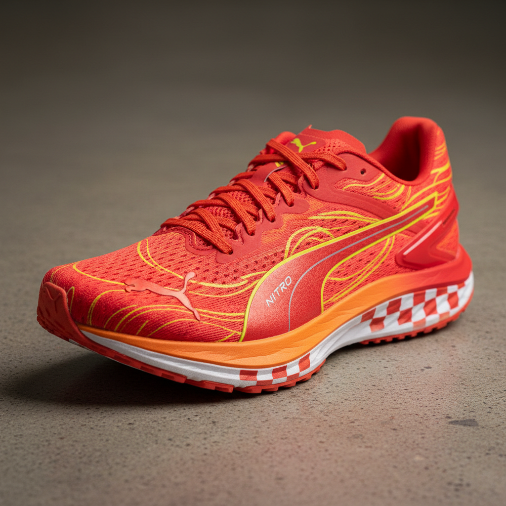 Neon orange and white Reebok running shoe with aggressive tread pattern, athletic shot
