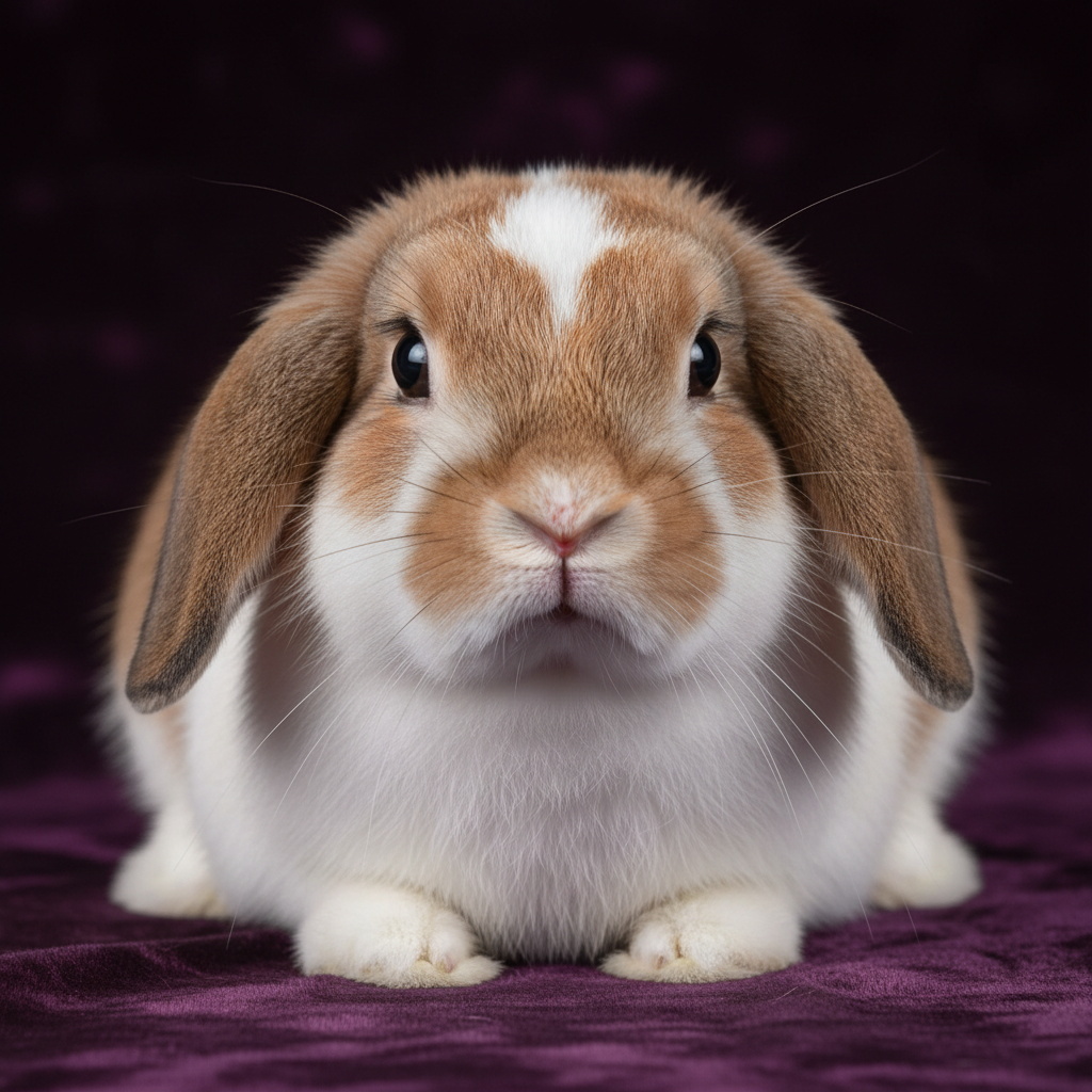 A show-quality Holland Lop rabbit posed on a dark velvet surface showing perfect ear set and coat, professional portfolio lighting