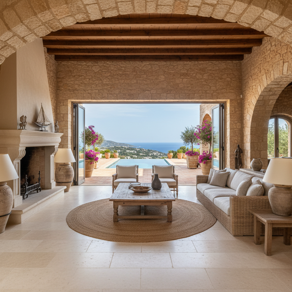 Bright airy luxury villa interior with floor-to-ceiling windows open to Mediterranean garden, white walls, natural light