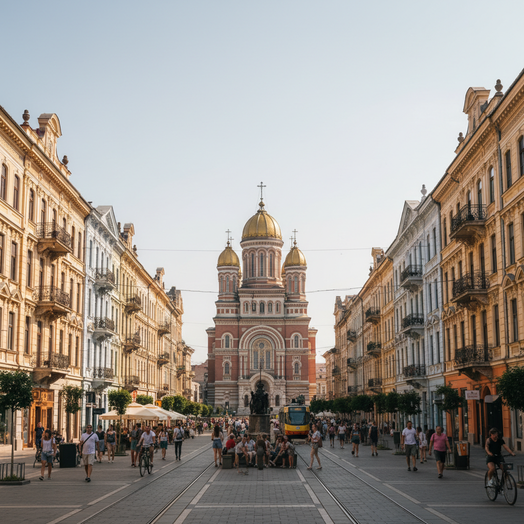 Timisoara Victory Square with colorful baroque architecture and Orthodox Cathedral