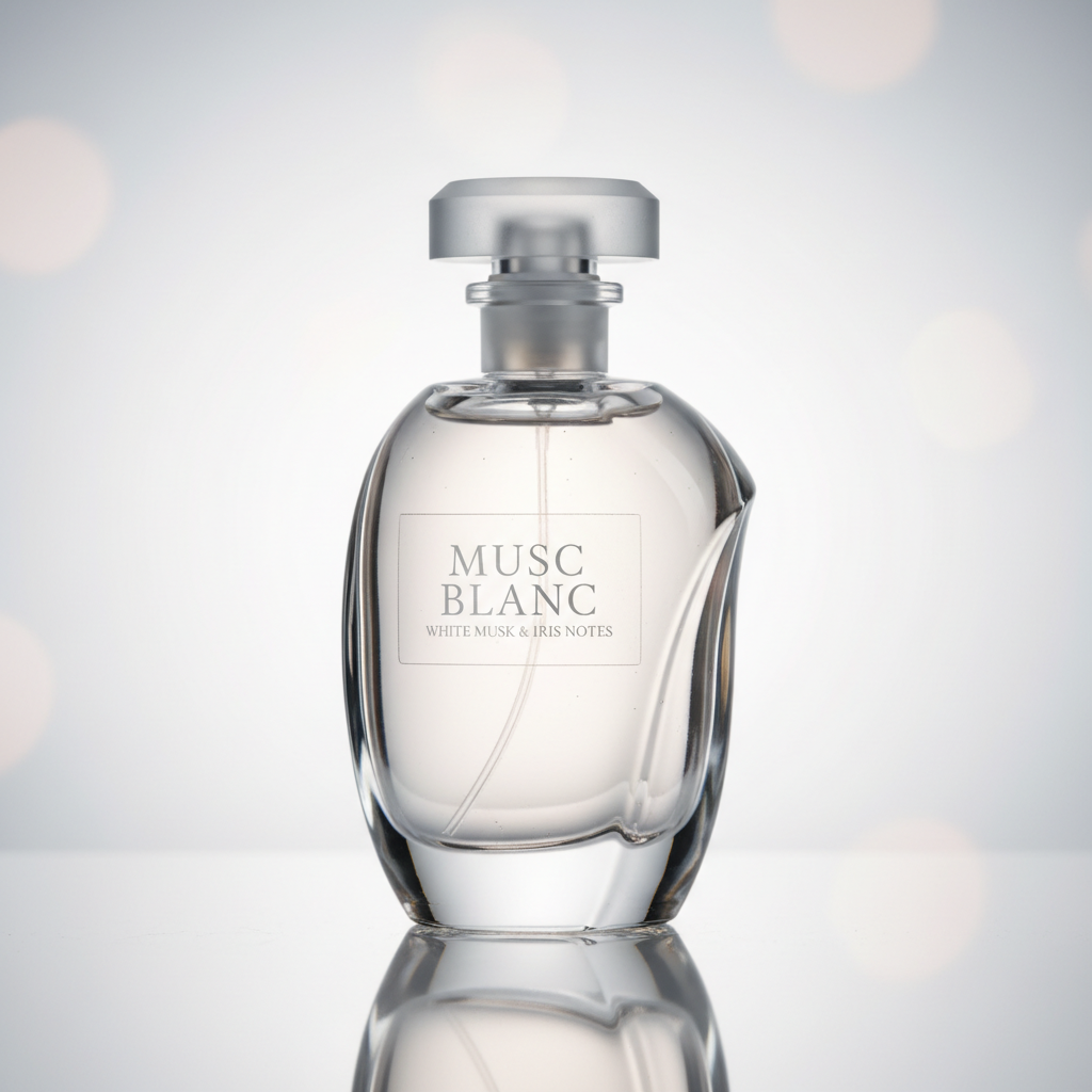 Frosted white glass perfume bottle on snow-white surface, clean minimal styling