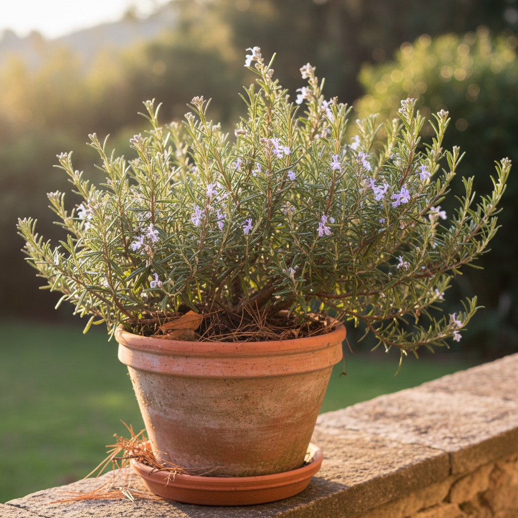 Fragrant lavender plant in a terracotta pot with purple blooms
