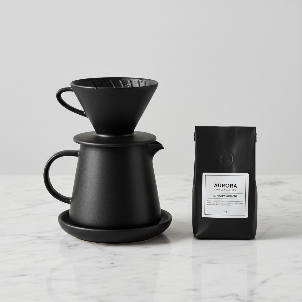 Minimal black ceramic pour-over coffee kit with small bag of specialty beans on marble