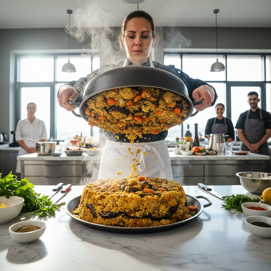 Maqluba rice dish flipped onto a large platter revealing lamb and vegetables