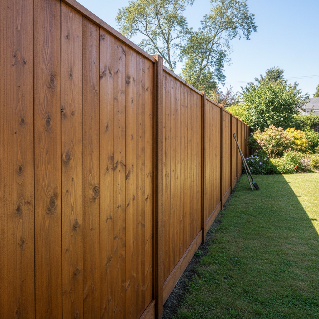 Cedar wood privacy fence installation in North Vancouver BC residential backyard, lush green trees, overcast Pacific Northwest sky