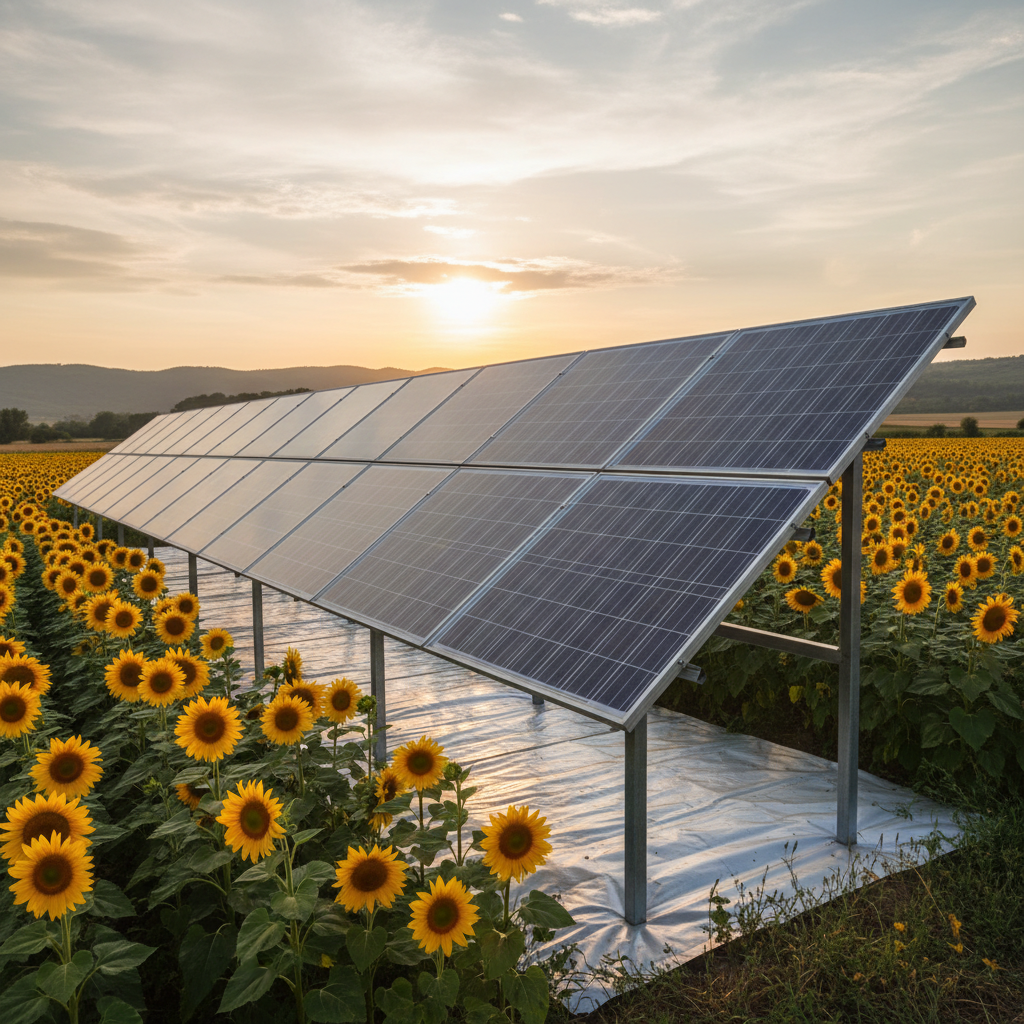 Solar panels at sunset with warm golden light, renewable energy landscape, atmospheric low-angle view, dark foreground silhouettes