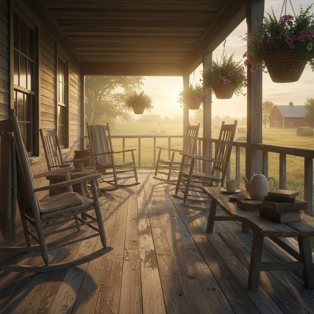 Rustic farmhouse porch with wooden boards and morning light