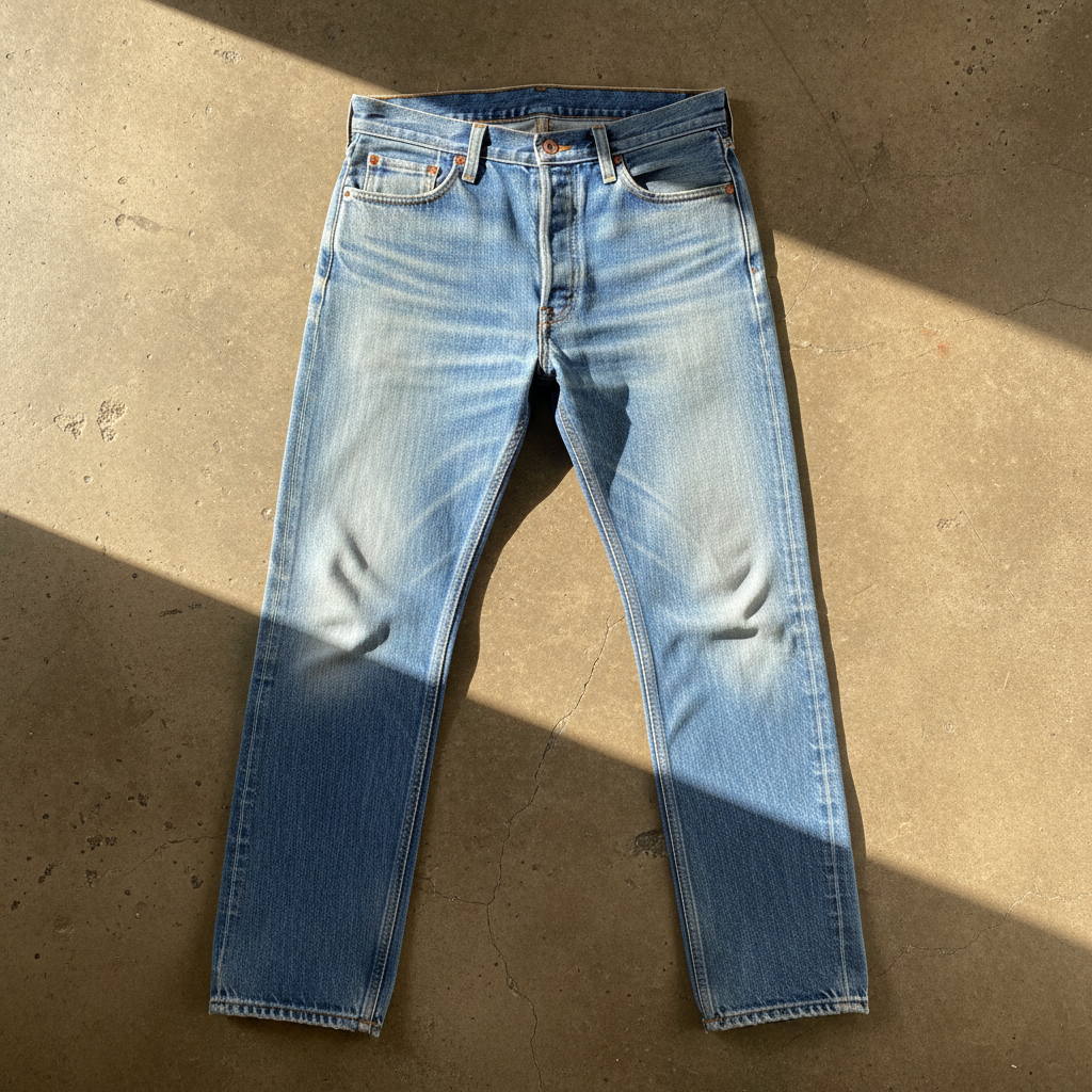 Worn vintage Levi 501 denim jeans laid flat on warm cream surface, natural light, textured fabric detail