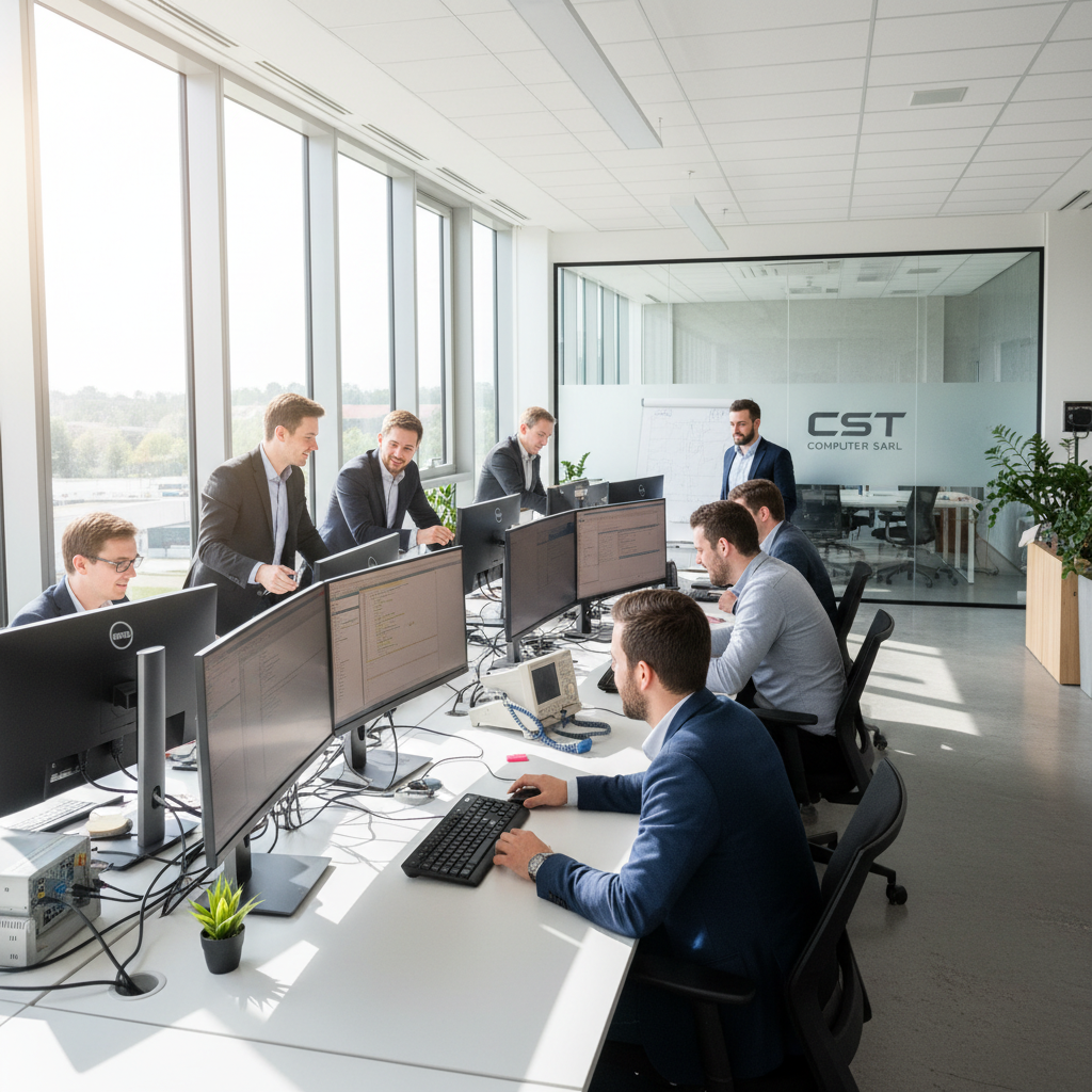CST Computer SARL team of engineers in a bright modern office, professional attire, collaborative work environment