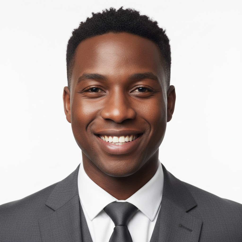 African man in professional attire, warm studio lighting, confident expression, dark background