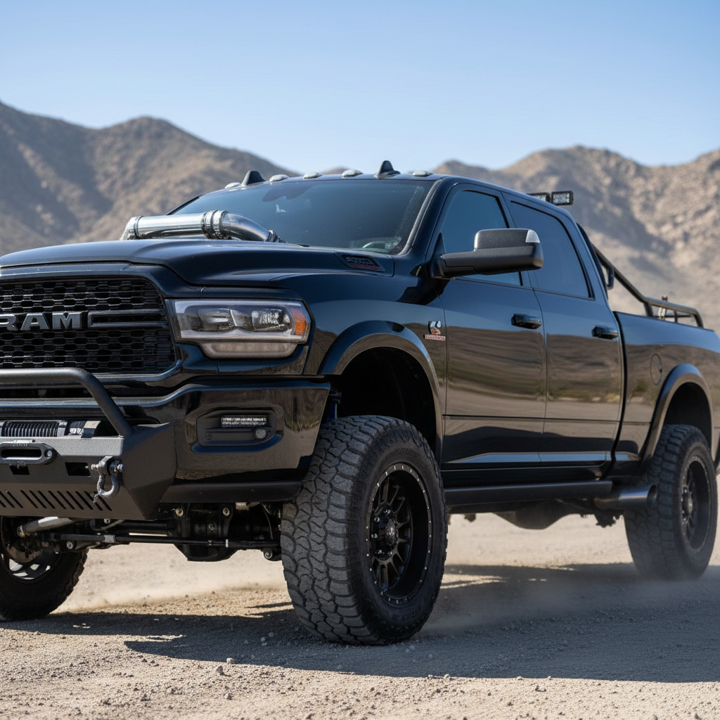 Ram 2500 Power Wagon with lifted suspension on off-road terrain, full overland build