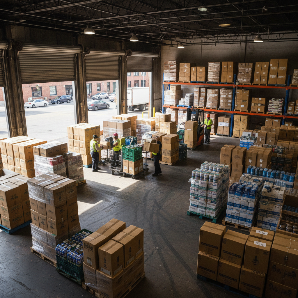 Warehouse workers in safety vests carefully loading packages onto shipping pallets with forklifts in background