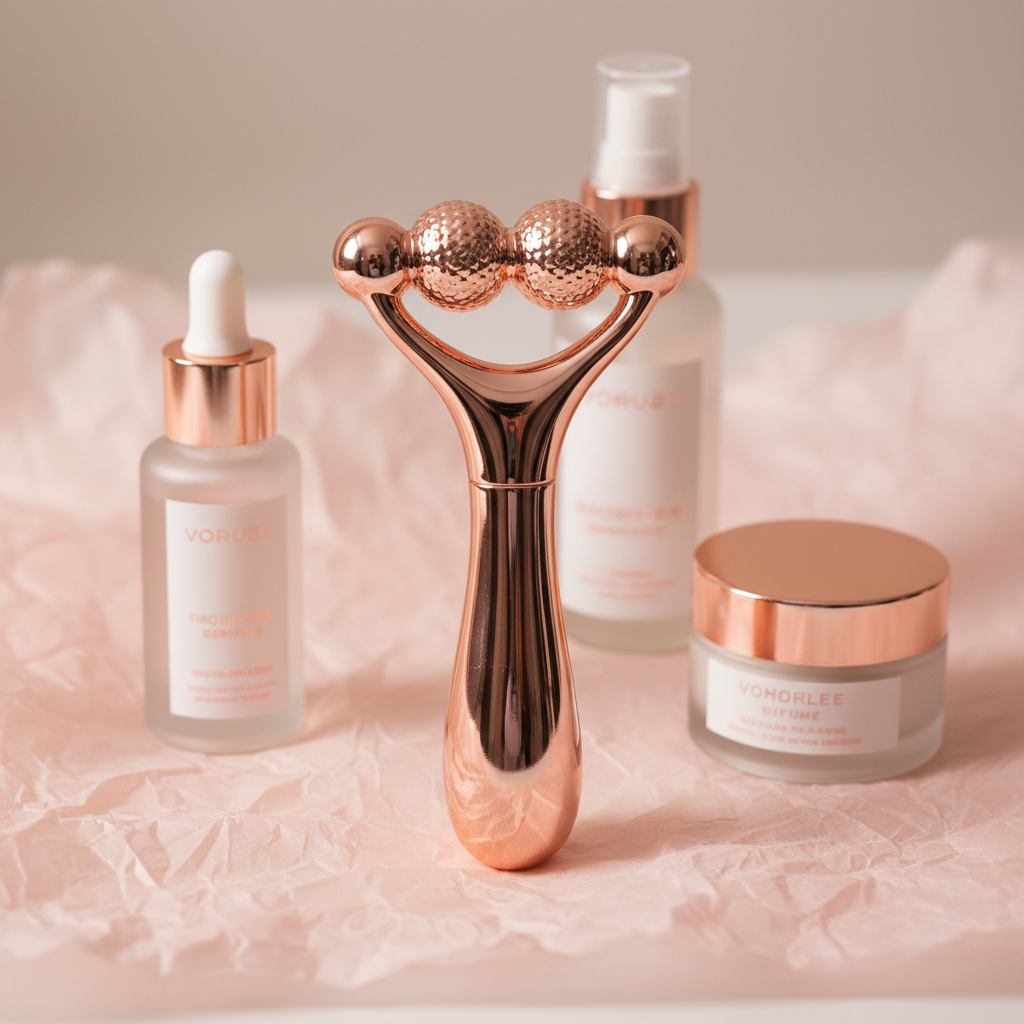 Unboxing photo showing rose-gold facial tool and products in blush tissue paper