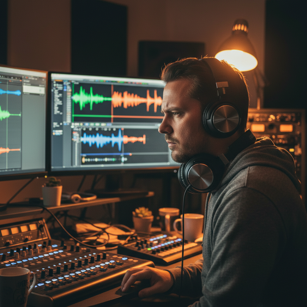 Professional audio production setup with synthesizer and waveform displays in dim studio lighting
