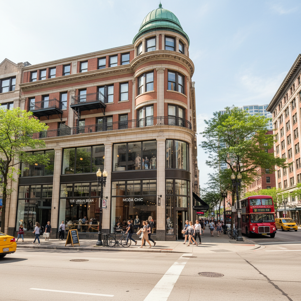 Corner mixed-use building with ground floor retail windows on Michigan Avenue