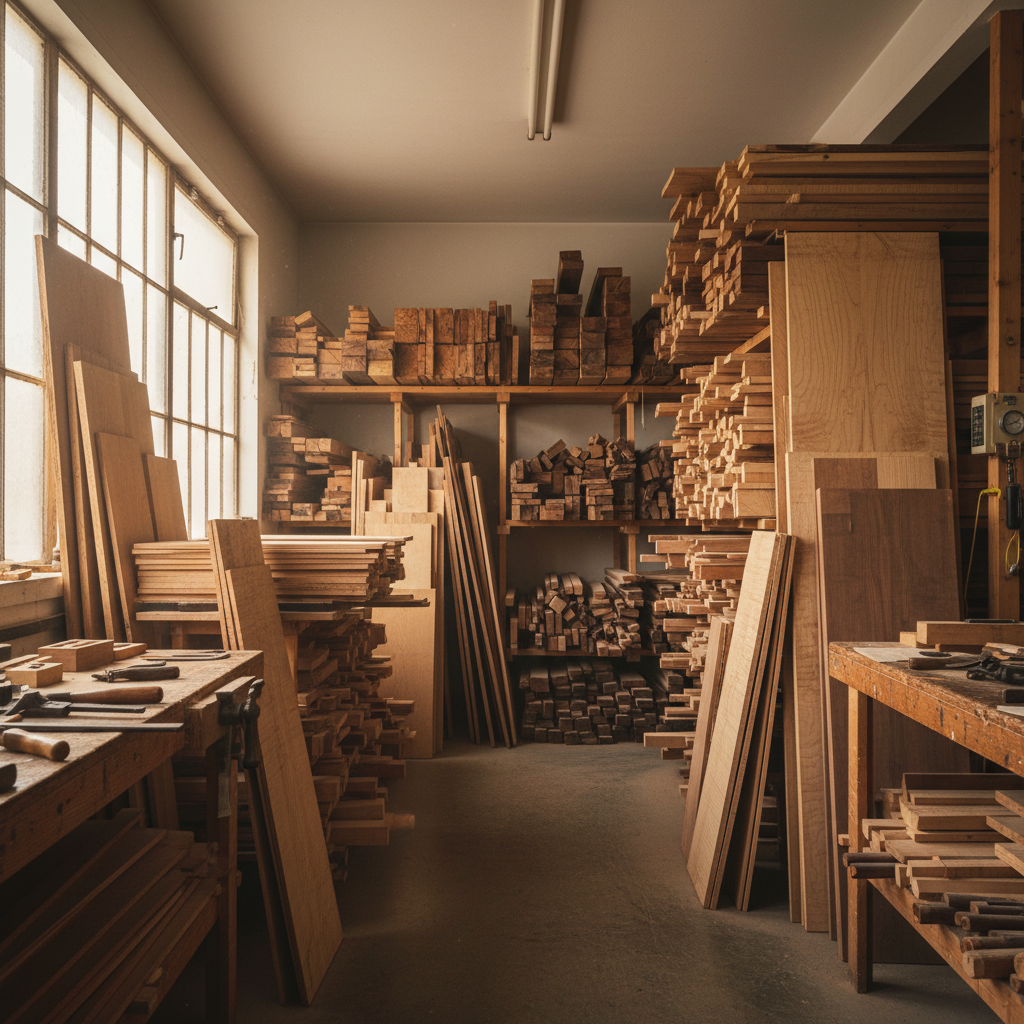 Stacked tonewoods in a climate-controlled workshop showing grain patterns and color variation