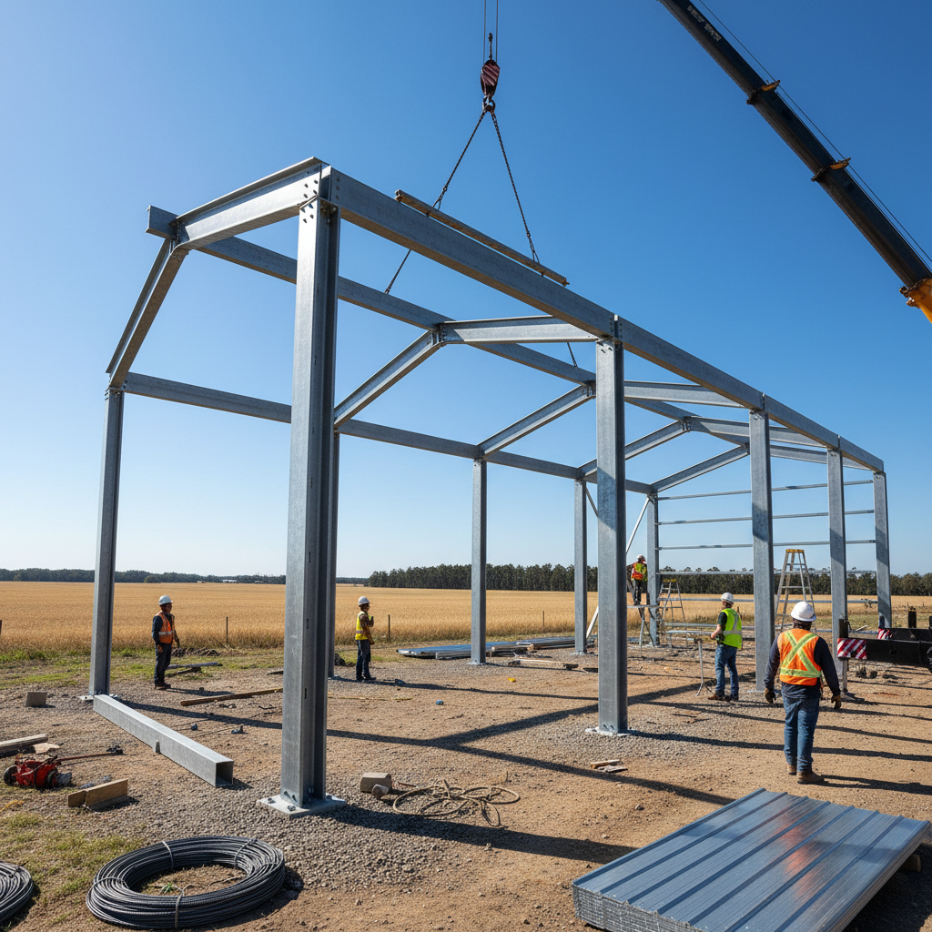Steel carport frame being raised against a wide open blue sky on a rural property