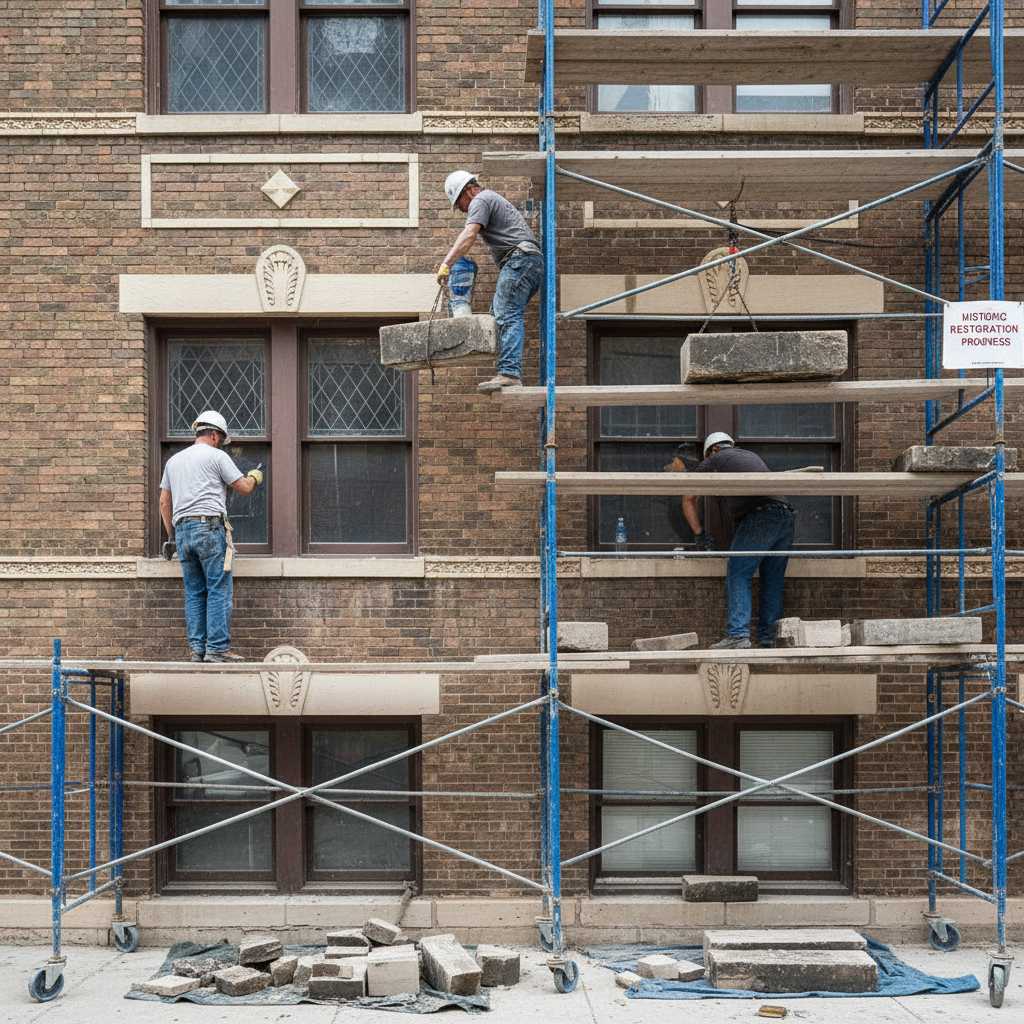 Masons replacing deteriorated limestone window sills on 1914 Pilsen six-flat with salvaged period stone