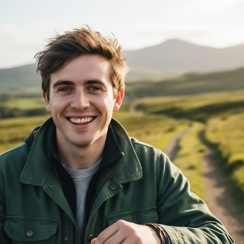 Man with adventurous look, road trip setting