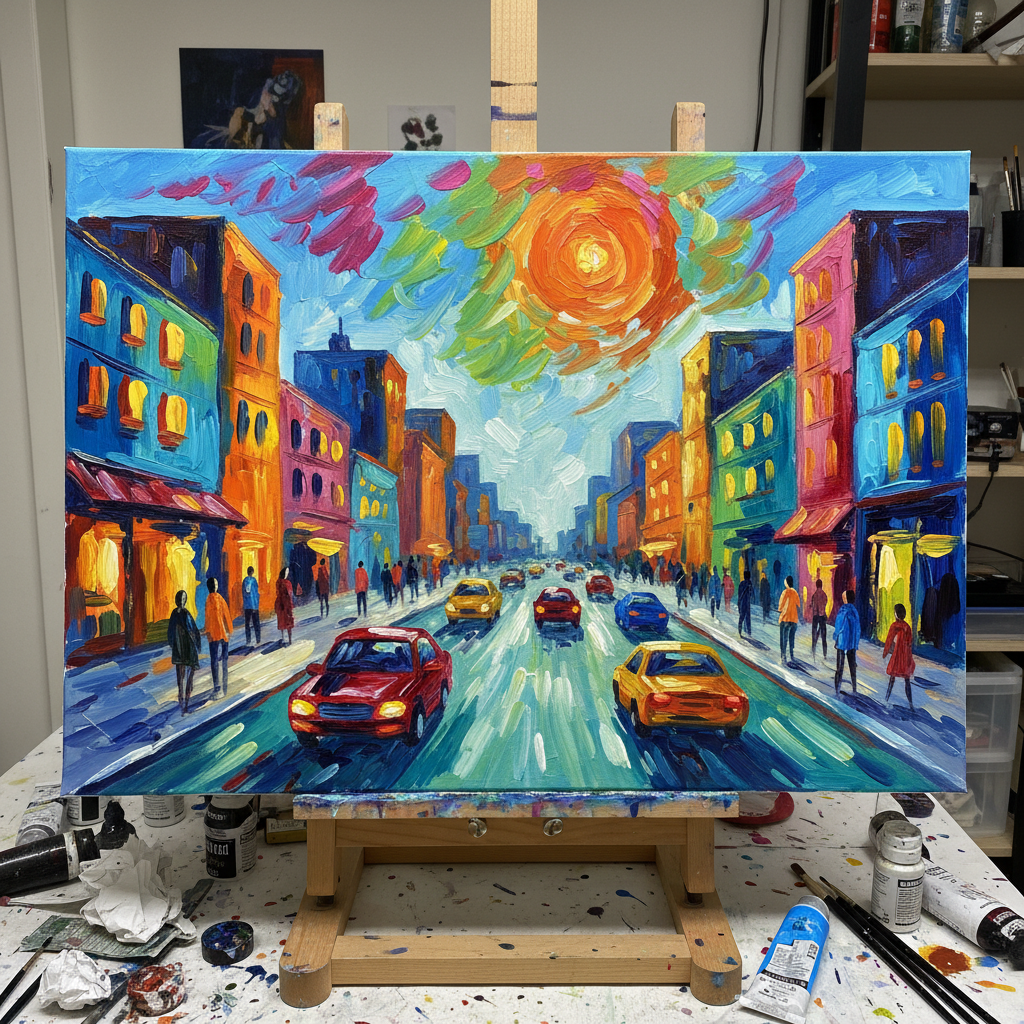Vibrant acrylic painting of a street scene with bold color choices by a young student