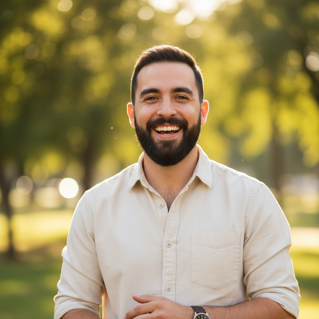 Young man with short dark hair and beard wearing casual shirt smiling outdoors