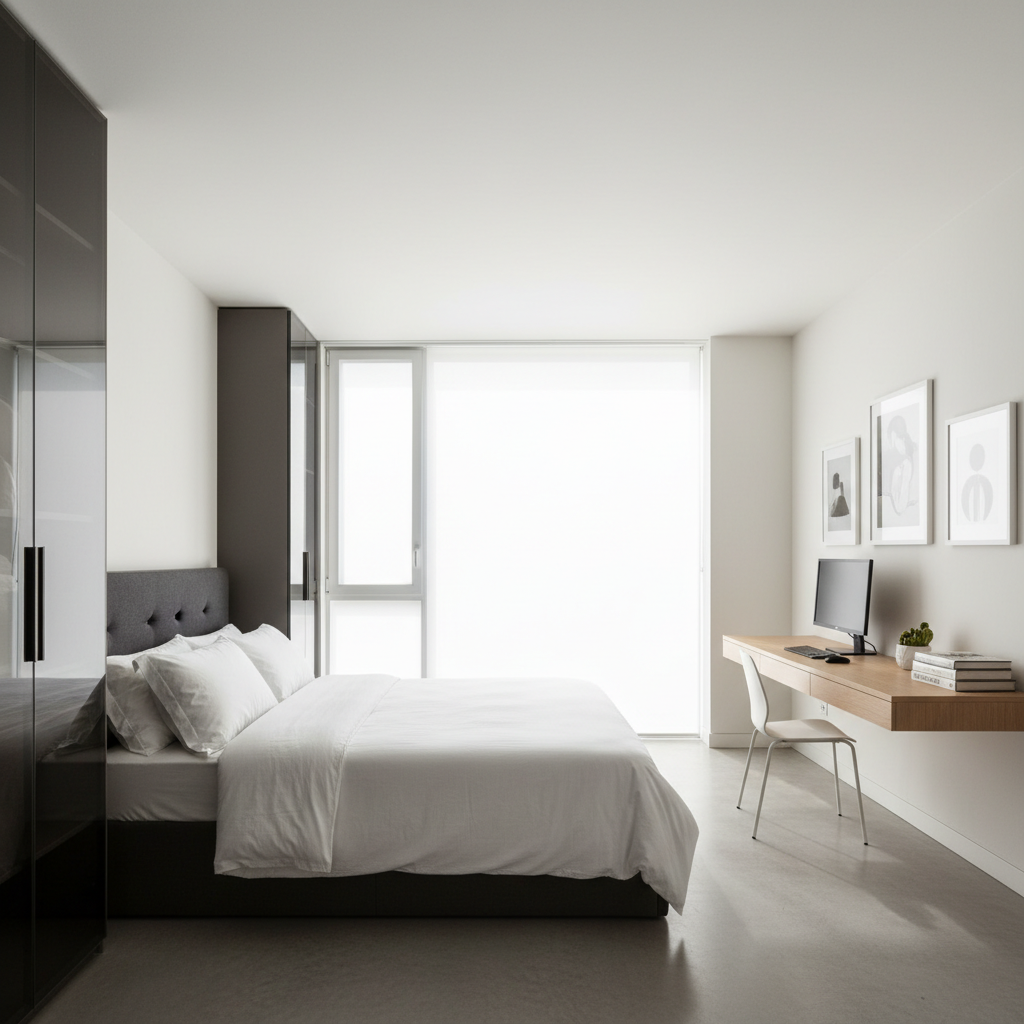 Bright airy double room with warm wood furniture, white linens, large window with natural daylight, light cream walls