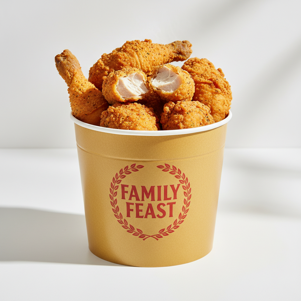 Multiple fried chicken pieces in combo meal with sides and drinks on bright background