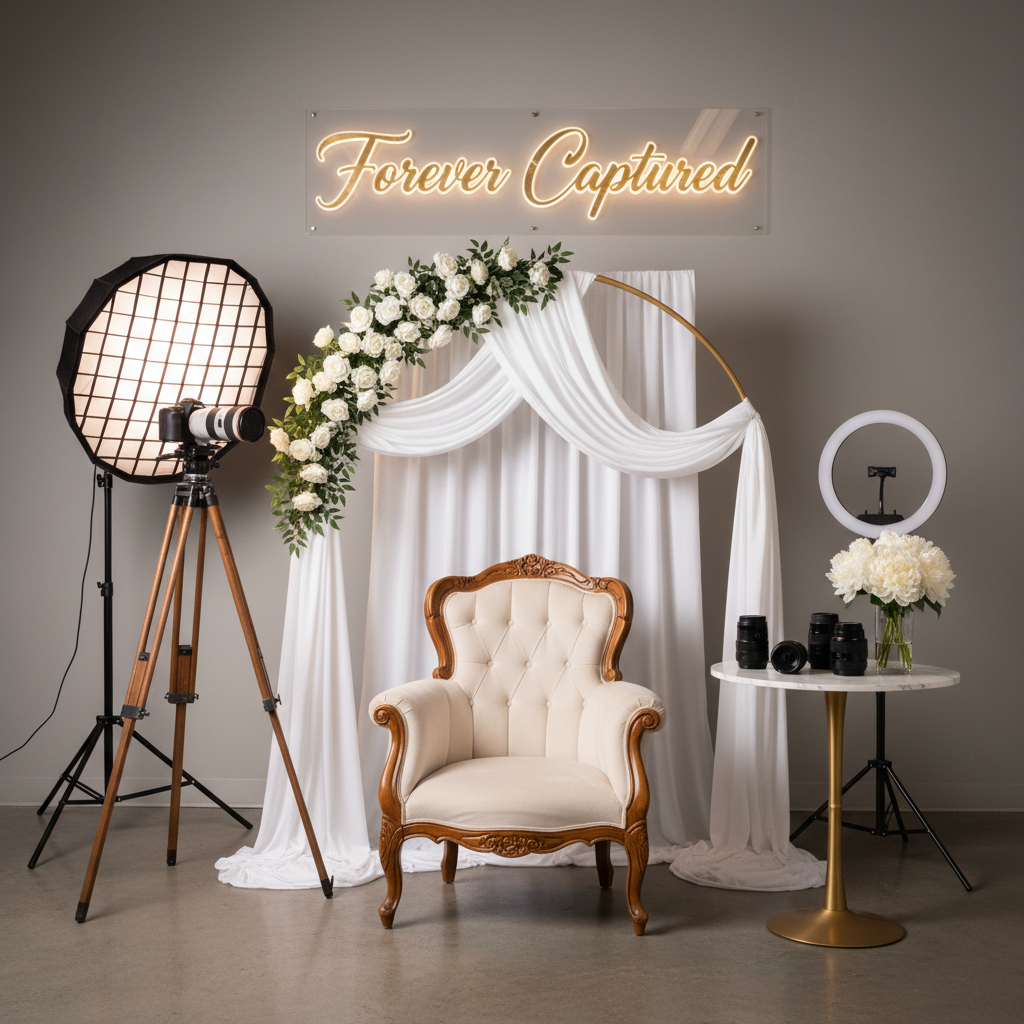 White ornate photo frame with floral detailing, soft wedding photography aesthetic, bright airy studio lighting