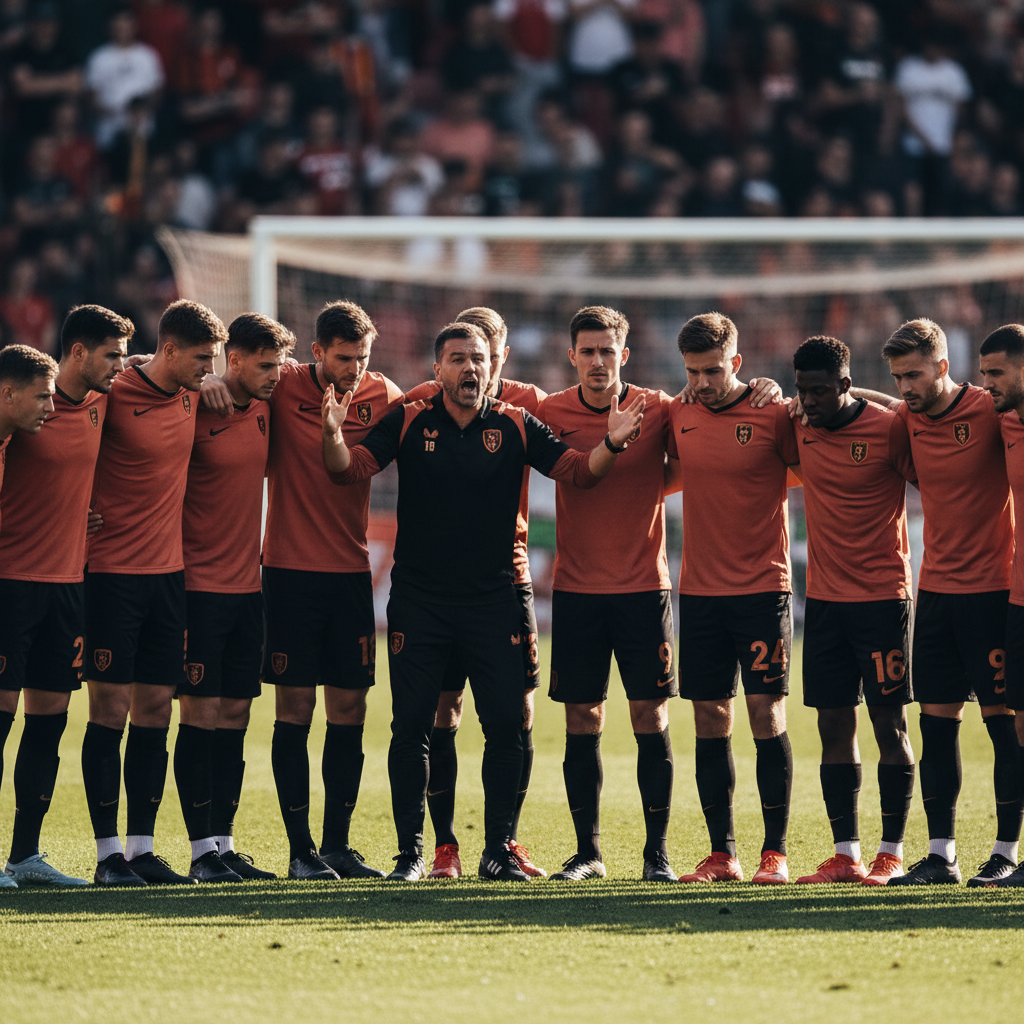 Team huddle before kickoff with players in terracotta and black kit, coach addressing the squad