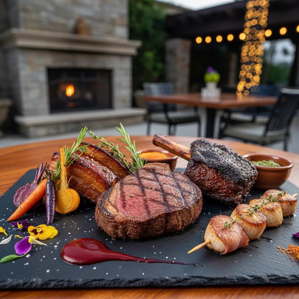 Prato de churrasco premium servido com cortes nobres, apresentação gastronômica sofisticada em evento especial