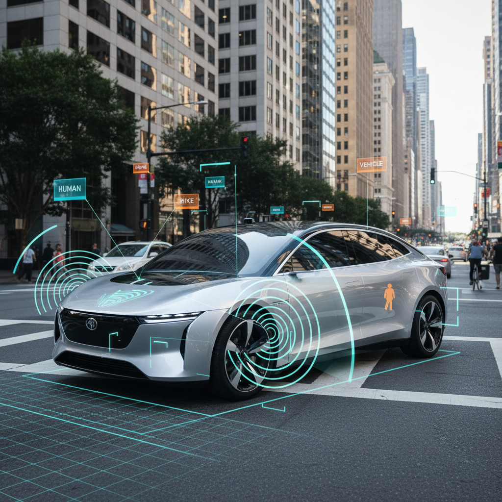 Self-driving autonomous vehicle on a highway at night with sensor visualization overlay, LiDAR point cloud, futuristic technology