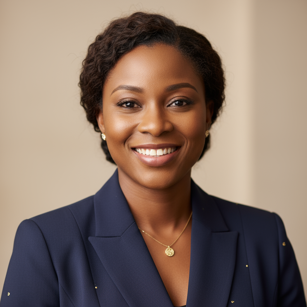 Nigerian businesswoman in elegant attire with a composed expression and warm smile