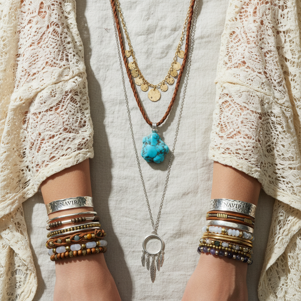 Layered boho style bracelet set with beads and gold chains on a wrist, outdoor natural light
