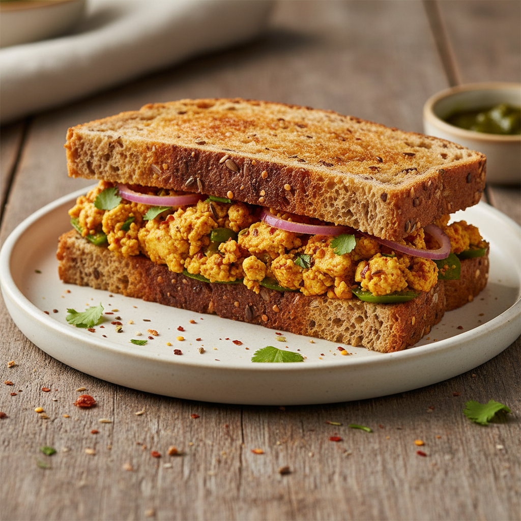 Punjabi Tadka Sandwich — Spiced Punjabi style sandwich, Indian café food photography with warm colours and appetising presentation