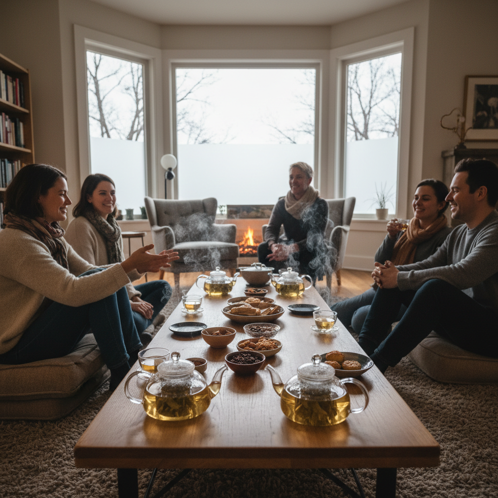 Guests seated around a low table in soft winter light with white tea steeping in glass pots
