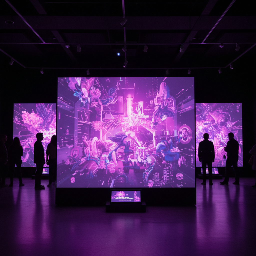 DALL-E 3 generated colorful AI art displayed in bright gallery