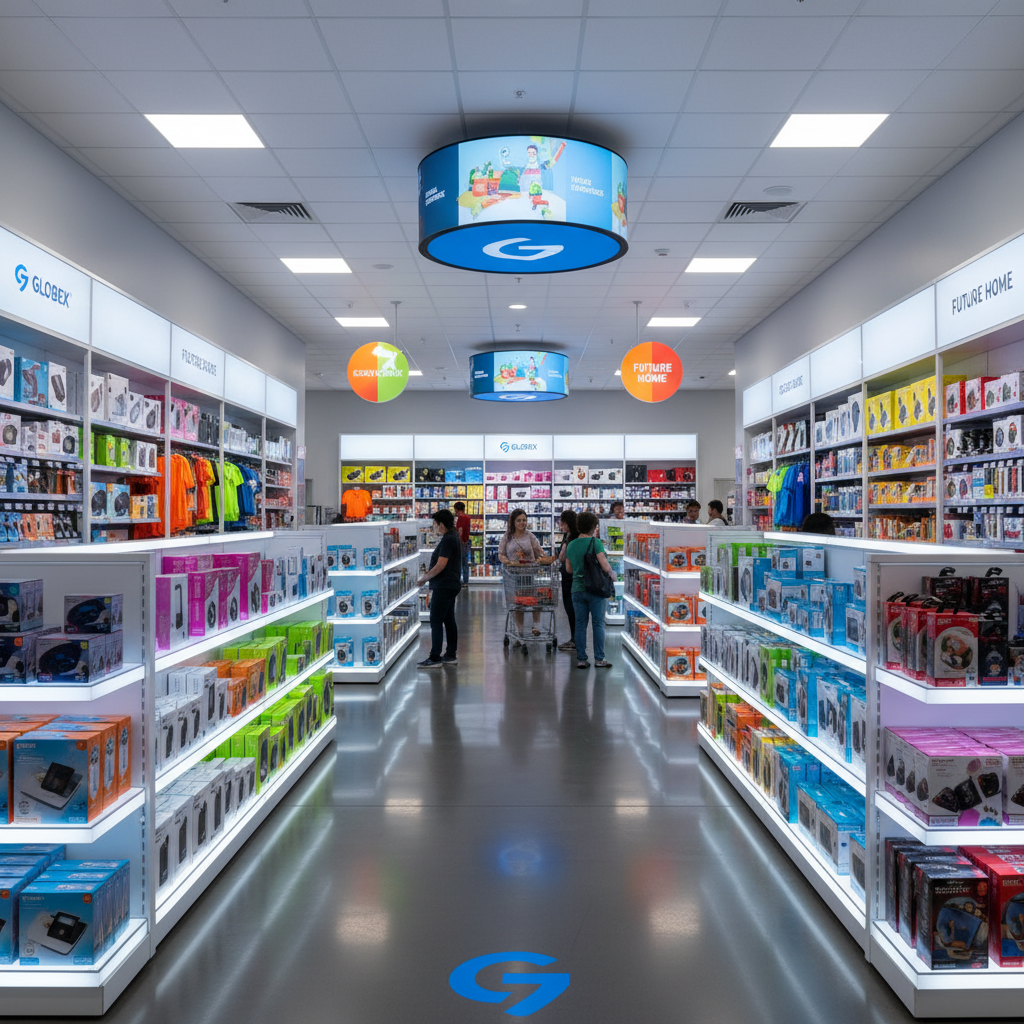 Modern electronics store with bright displays showing laptops, tablets, and smartphones on white shelves