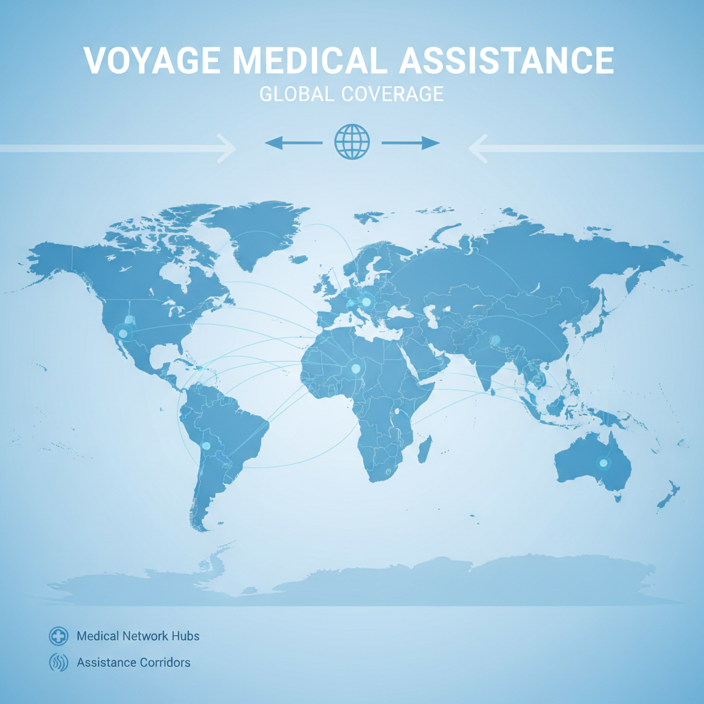 World map showing Voyage medical assistance network coverage across continents