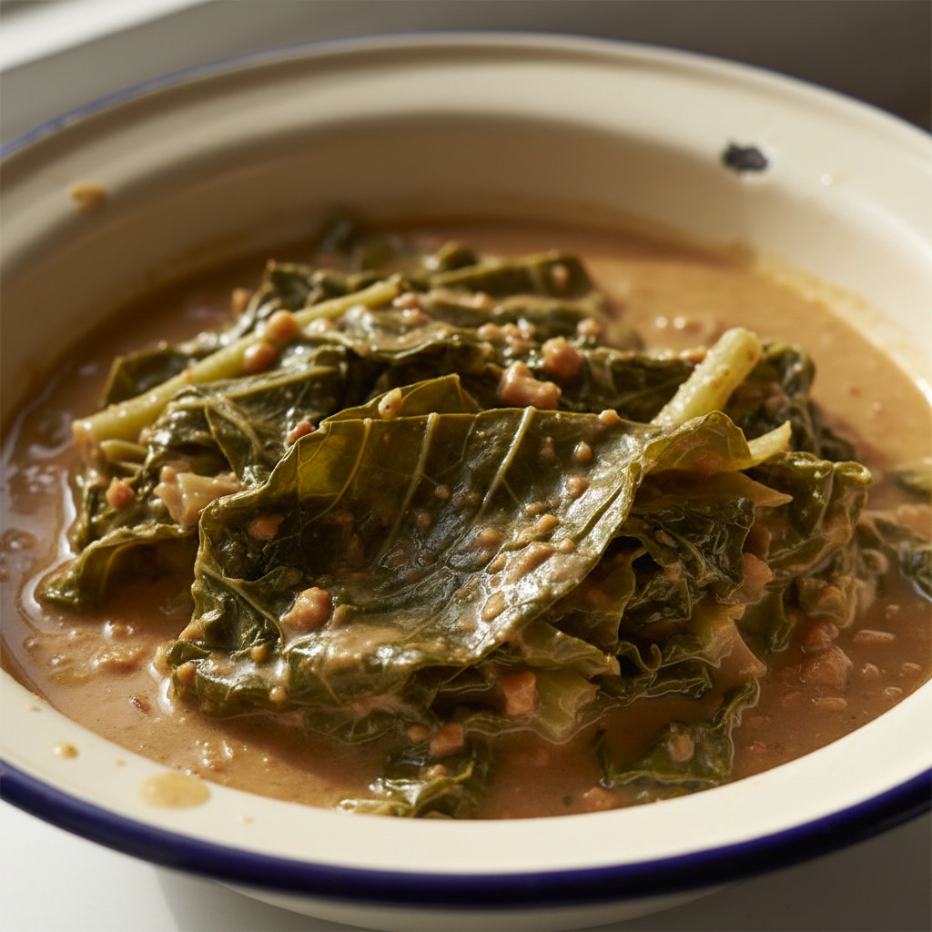 Stewed leafy greens collard leaves in peanut broth served in enamel bowl